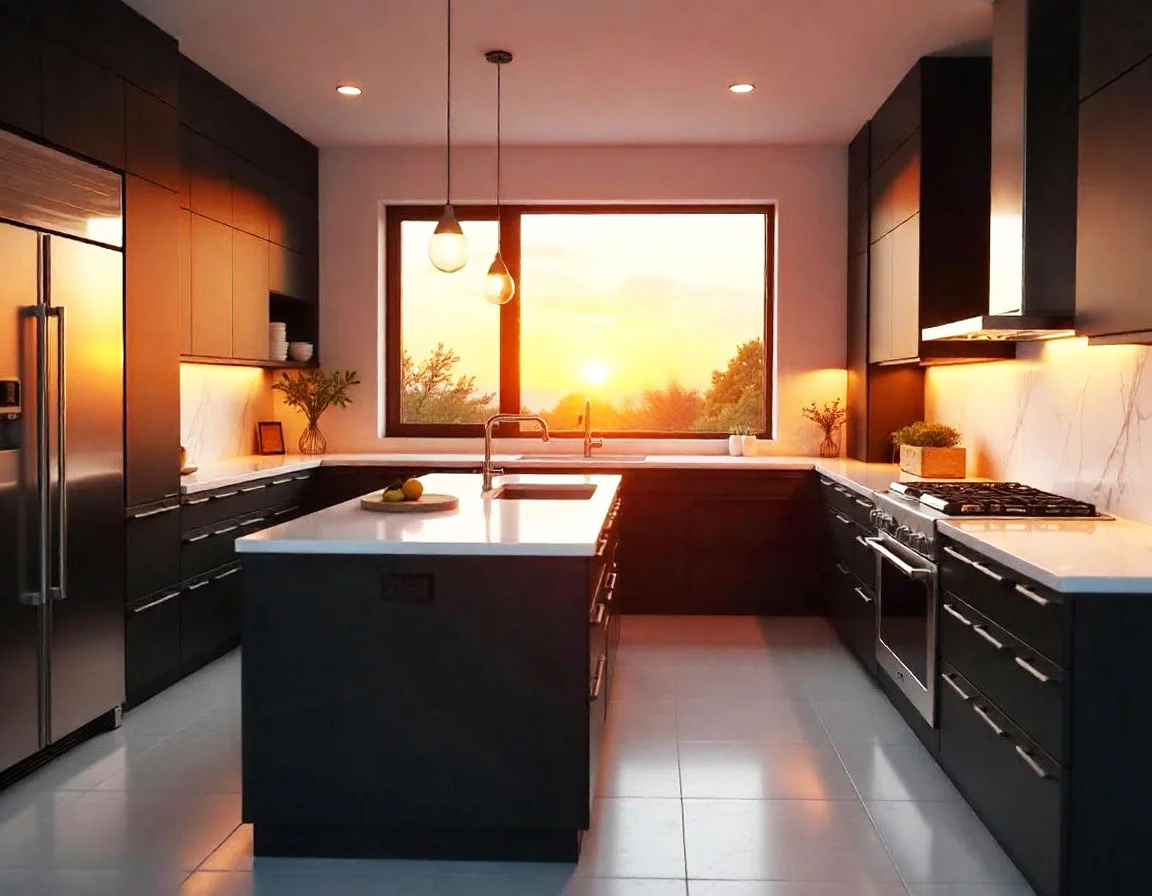 Cocina contemporánea con iluminación cálida
